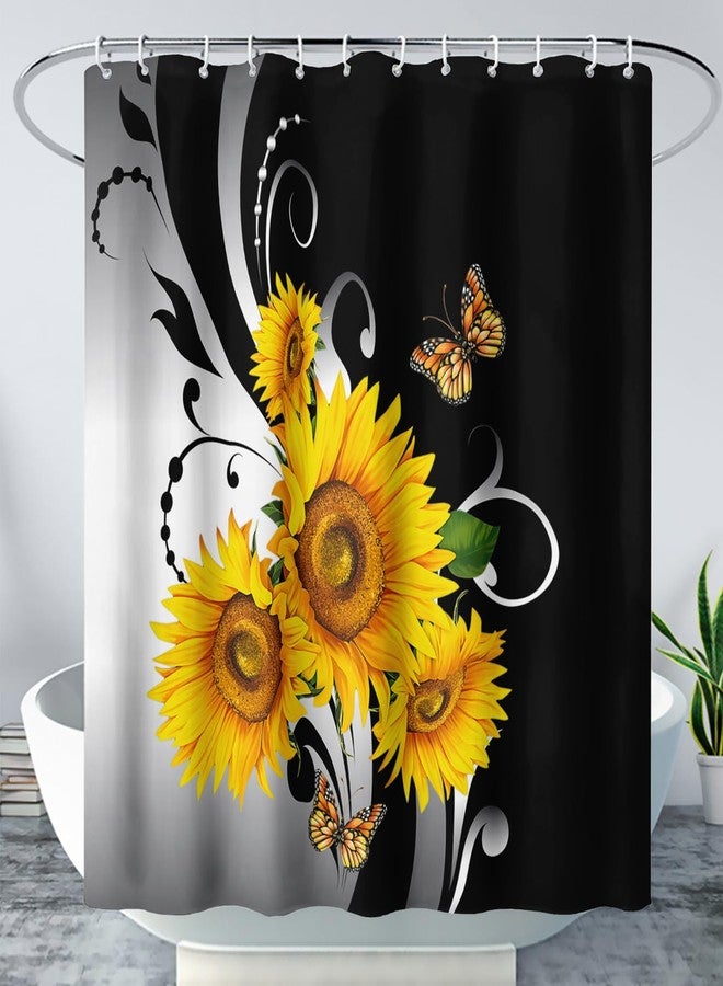 AILONEN Black and White Floral Shower Curtain, Yellow Sunflower Bath Curtain,Flower Butterfly Shower Curtain Decor,Minimalist Waterproof,Girls Women Bathroom Curtain, 72" W x 84" H - Image 1
